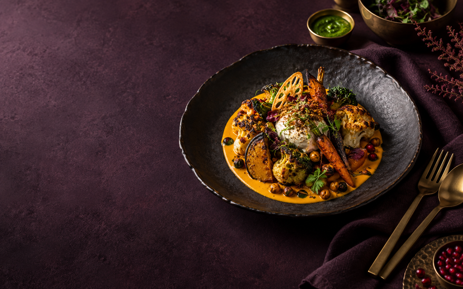 Contemporary Indian dish with charred vegetables on a dark ceramic plate