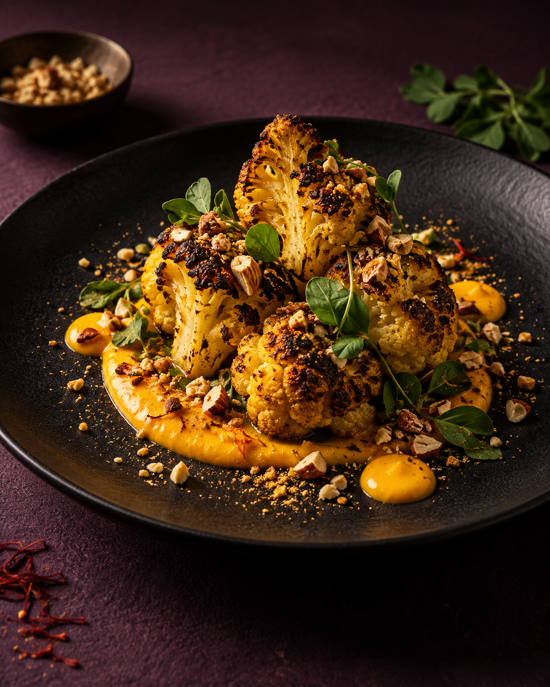 Charred Cauliflower with saffron sauce and smoked almonds